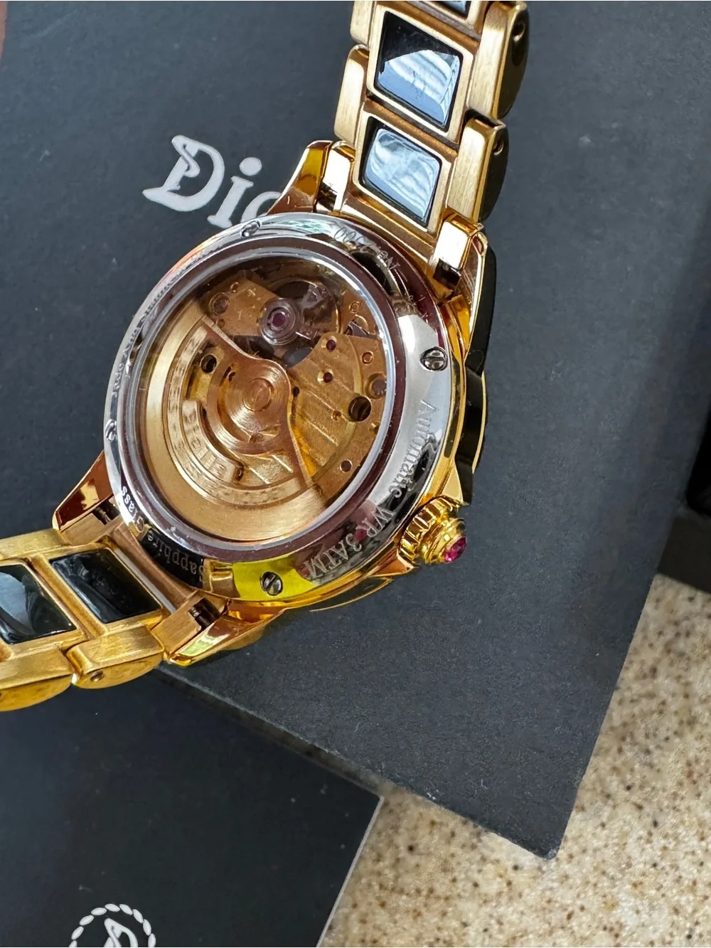 Diella Automatic Wristwatch Women’s Luxury Skeleton Gold Jade Waterproof AD6025L